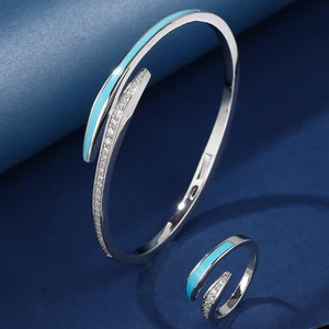 Luxury Classic Rhodium Plated Zircon Jewelry Set Tarnish Resistant Brass Bracelet & Ring for Women Wedding Party Gift