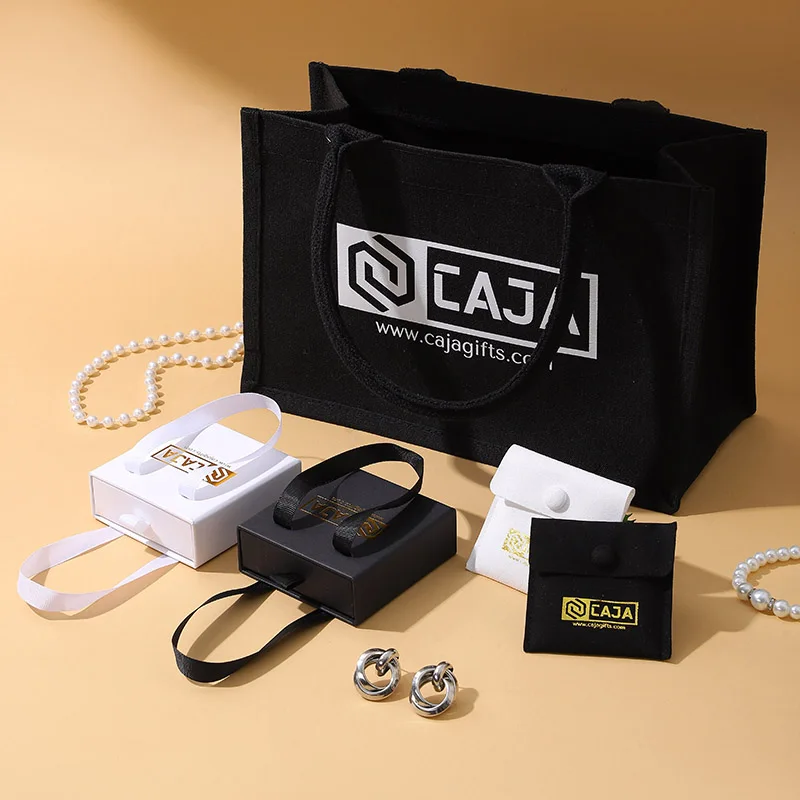 A1 Black Jewelry Packaging Set Canvas Bag Paper Bag Drawer Box Microfiber Bag Customizable Logo Jewelry Storage details