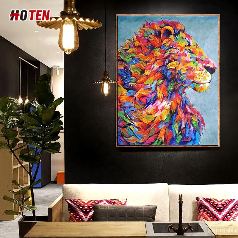 純粋な手描きのライオン油絵カラフルな動物の装飾絵画現代のミニマ 