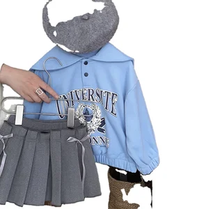 2026 Spring Autumn Toddler Child Girl Clothes Long Sleeve Letter Print Navy Neck Top Lace up Bow Pleated Skirt 2Pc Kids Clothing