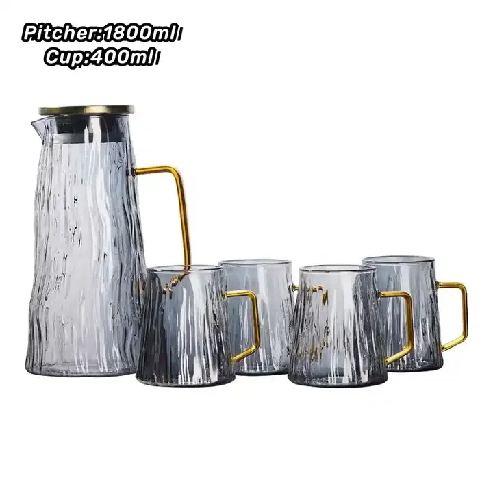 Pitcher Sets Glass Set 6 Pcs Drinking Cup Water White Box Grey Large Capacity Metallic Glass with Metal CLASSIC Glass Jug