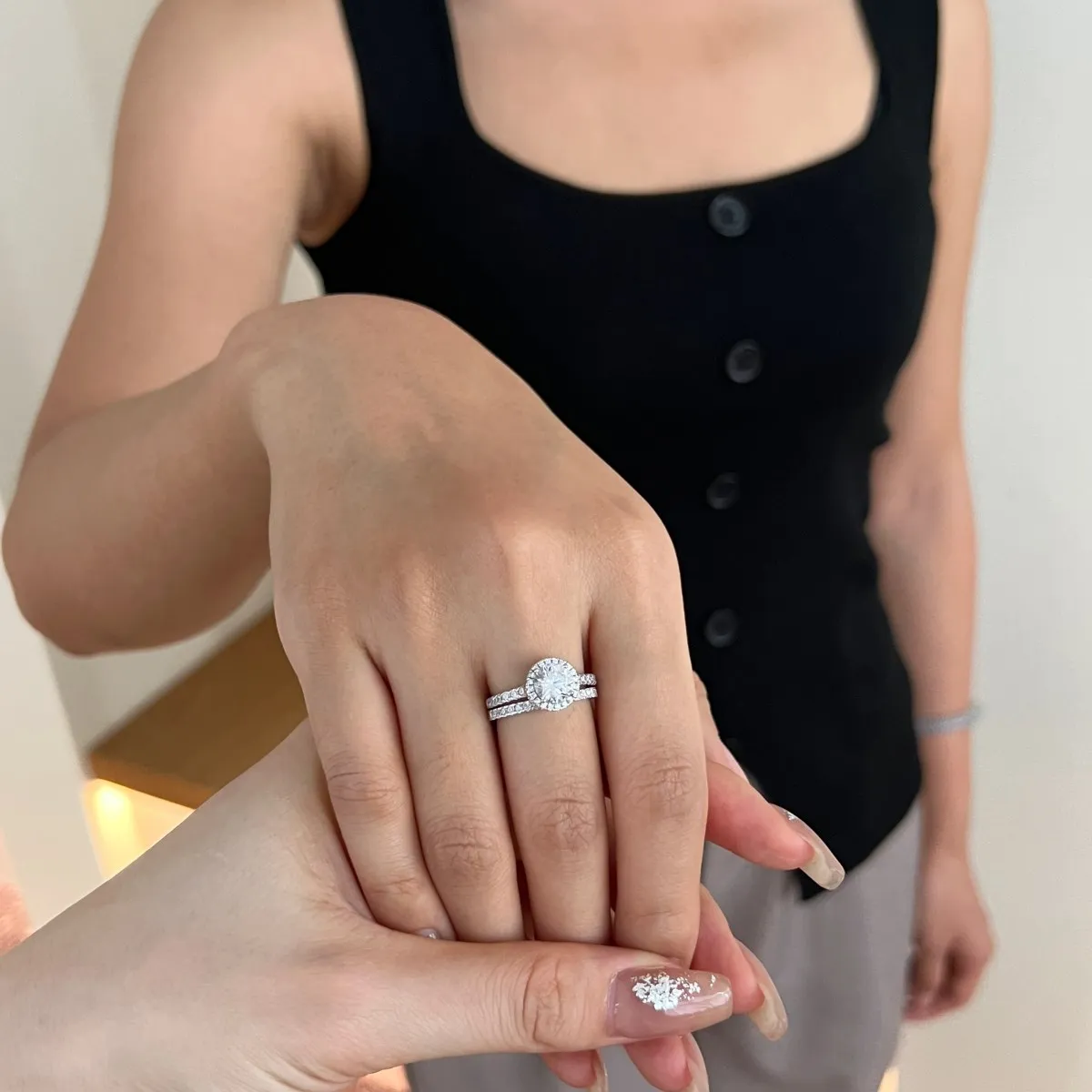 KAKODIY Luxury Two Piece Stackable 925 Sterling Silver Proposal Rings for Women 5A Cubic Zirconia Round Engagement Wedding Rings detail 5