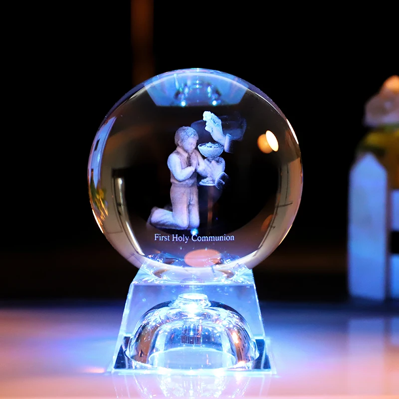 Hot Sale 80mm Baptism 3D Laser Crystal Ball With Led Light Base factory