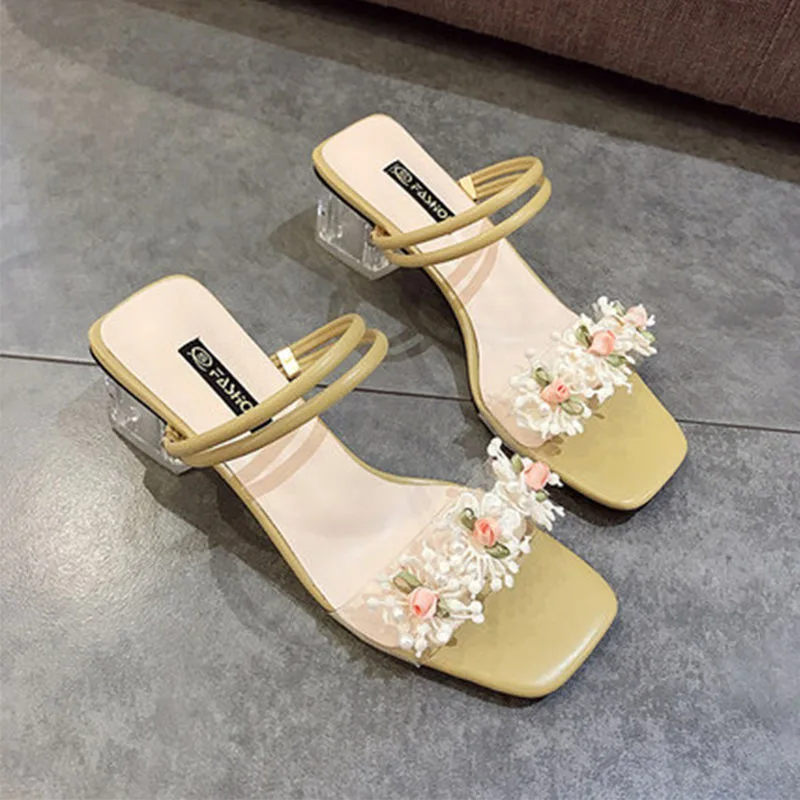 Women Square Toe Peep Toes Block Heels Flower Deco Sandals