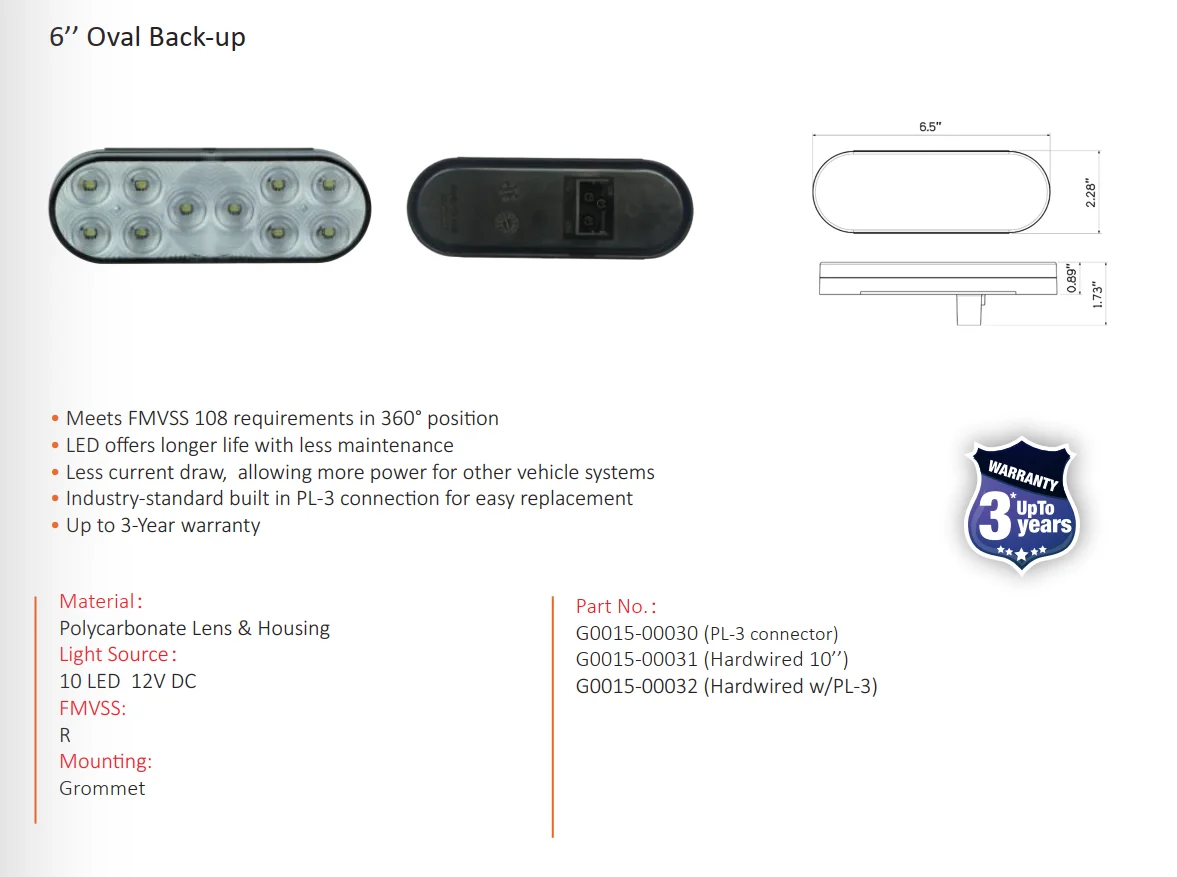 6" Oval Backup Led Truck Tail Light High Quality Trailer Led Light