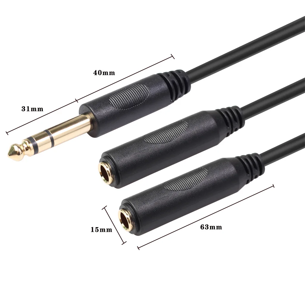 TISINO 6,35 mm Jack Splitterkabel 20 cm, stereo mannelijk naar dubbele stereo vrouwelijke aansluiting, compatibel met hoofdtelefoon en versterker