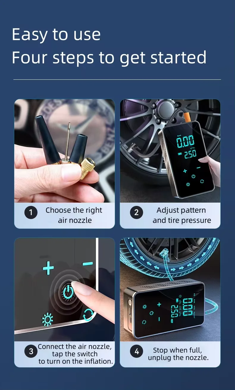 Wireless 150PSI Customizable Logo and Package Car Air Pump Portable 3600mAh Wireless Rechargeable Car Tire Inflator
