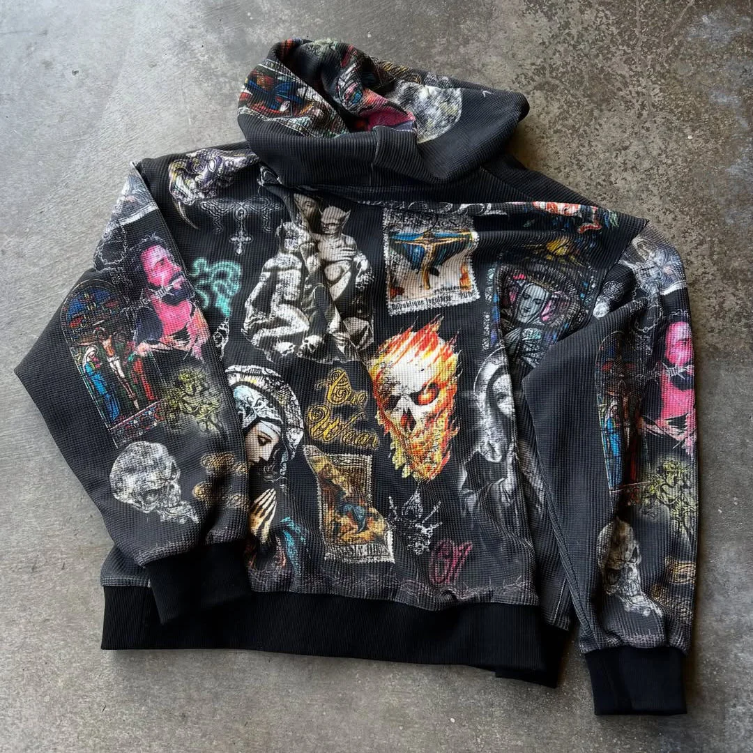 Manufacturer Custom Luxury All Over Printing Graphic Streetwear Acid Wash Oversized Jacket Zip up Waffle Knit Vintage Men Hoodie gallery 7