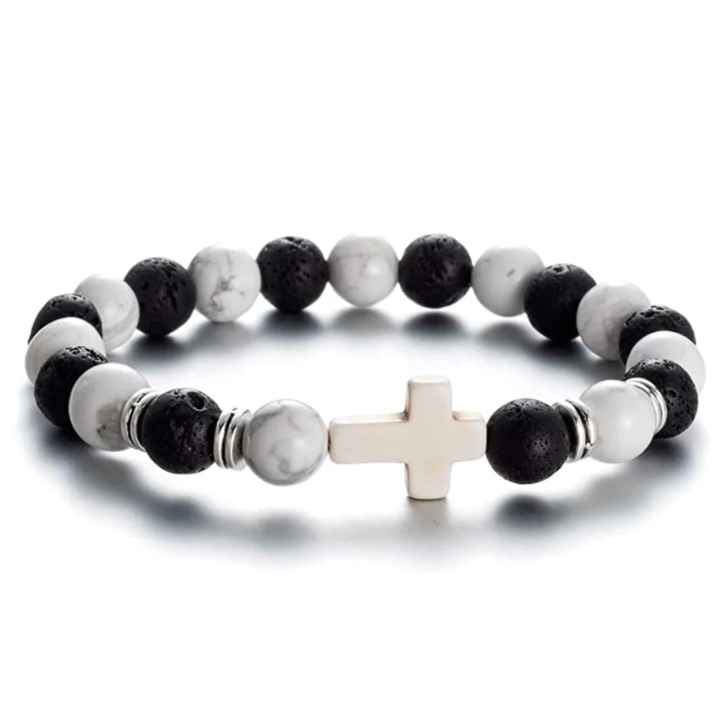 Cross Bracelets 8mm Natural Howlite Turquoise Healing Beaded Stretch Cross Bracelets for Women Men