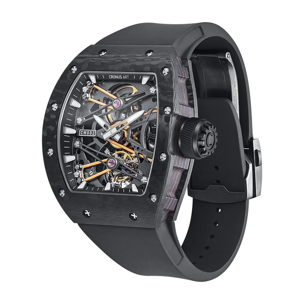 Cronusart Inspired Watches Black Carbon Fiber Tonneau Shaped Case  Hand-Wound Wristwatch Skeleton Dial