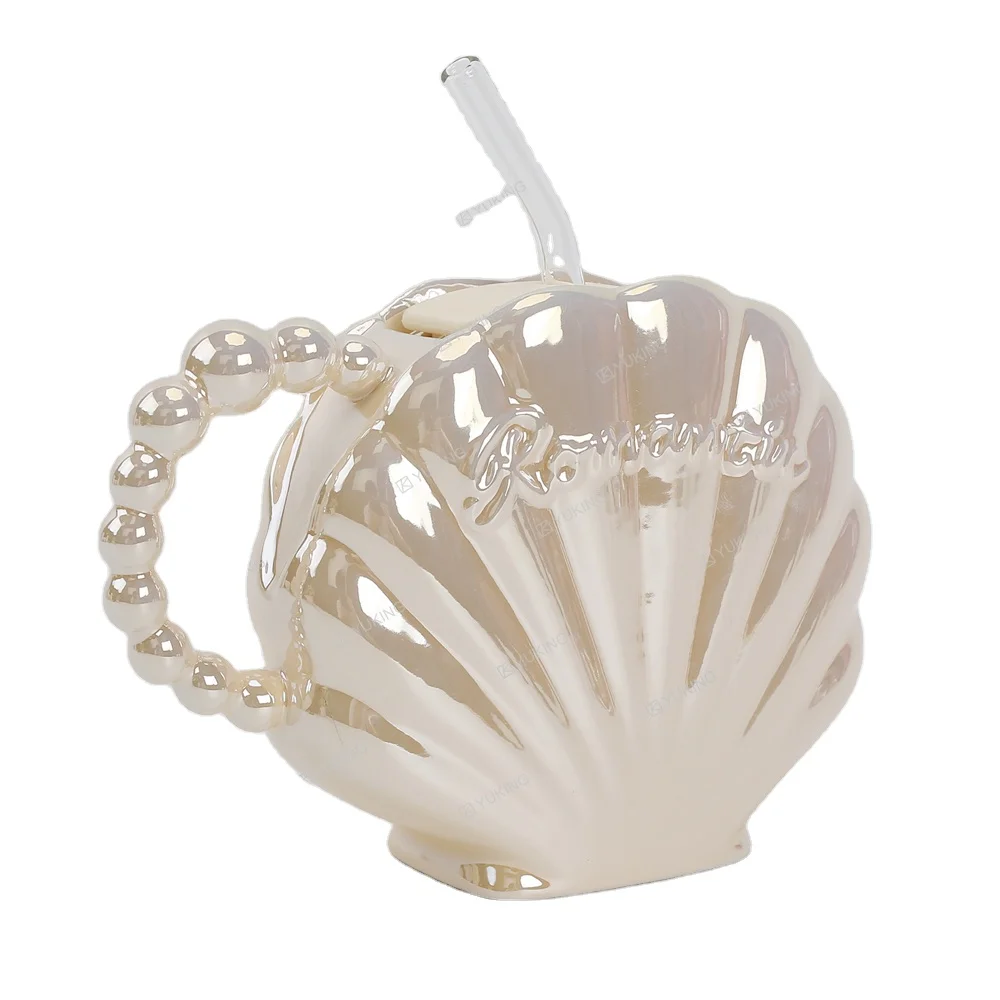 Pearl Shell Mug with Straw Beautiful Girl Lovely Ceramic Water Cup Milk Coffee Water Cup