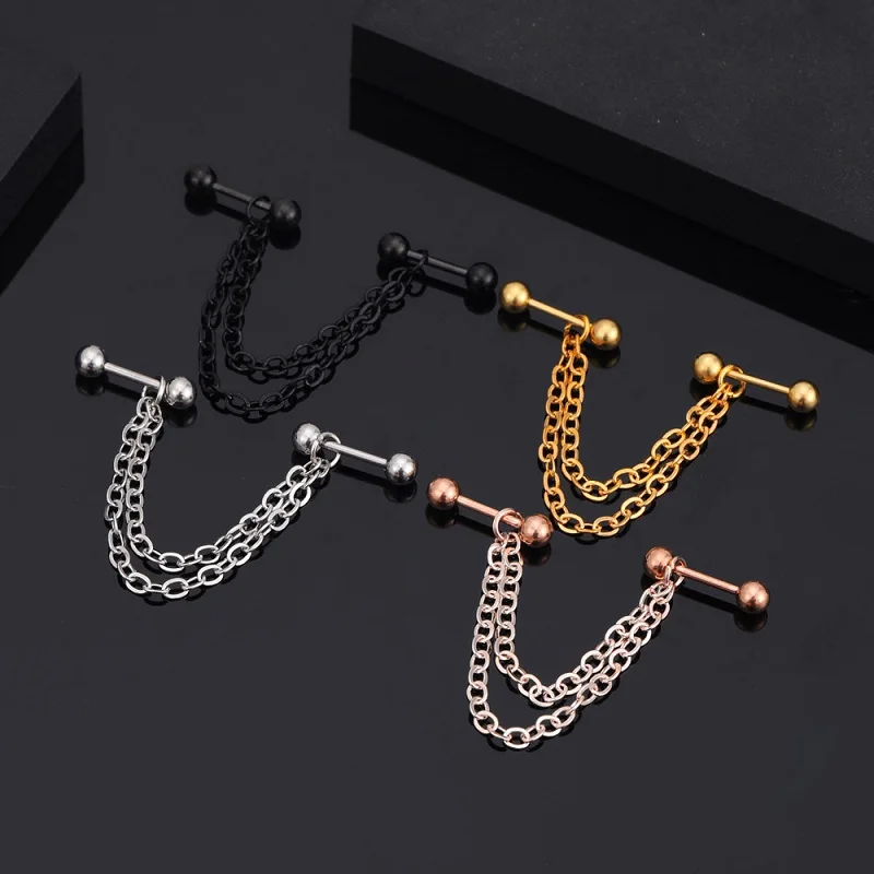 XJY Gold Stainless Steel Industrial Barbell Helix Piercing Jewelry Hip-hop  Chains Cartilage Earrings Sectional Jewelry