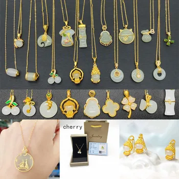 Wholesale Dropshipping S925 Silver Gold Plated Hetian Jade Pendant Necklace Ancient Silver Inlaid White Jade Jewelry