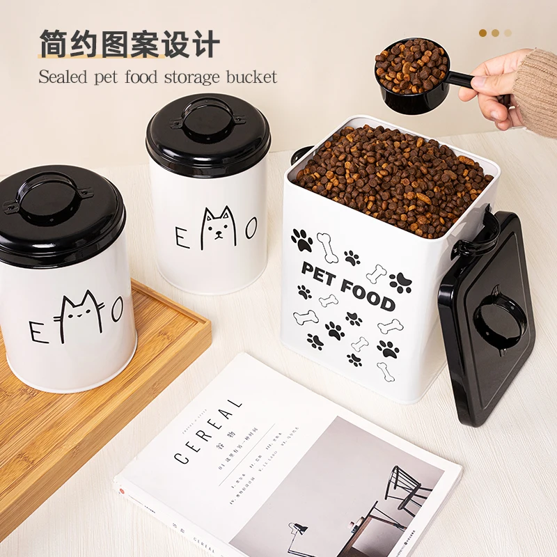 Metal Square Cans with Lid Sealing Black and White Paw Pet Food Storage Bucket with Scoop