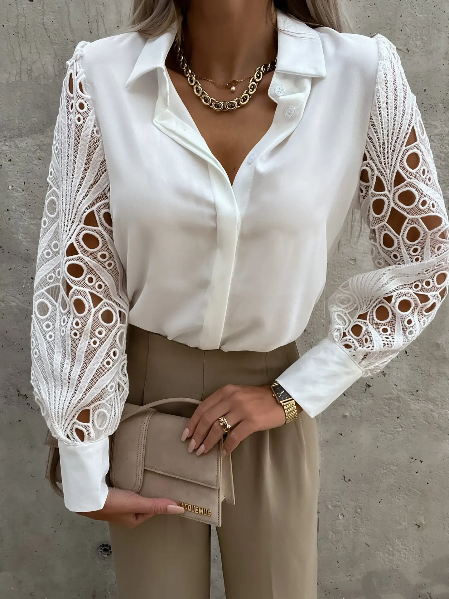 Spring Europe Women's Long Sleeve Shirt New Hot Ladies' Lace Stitching Shirt in Solid Color Shirt