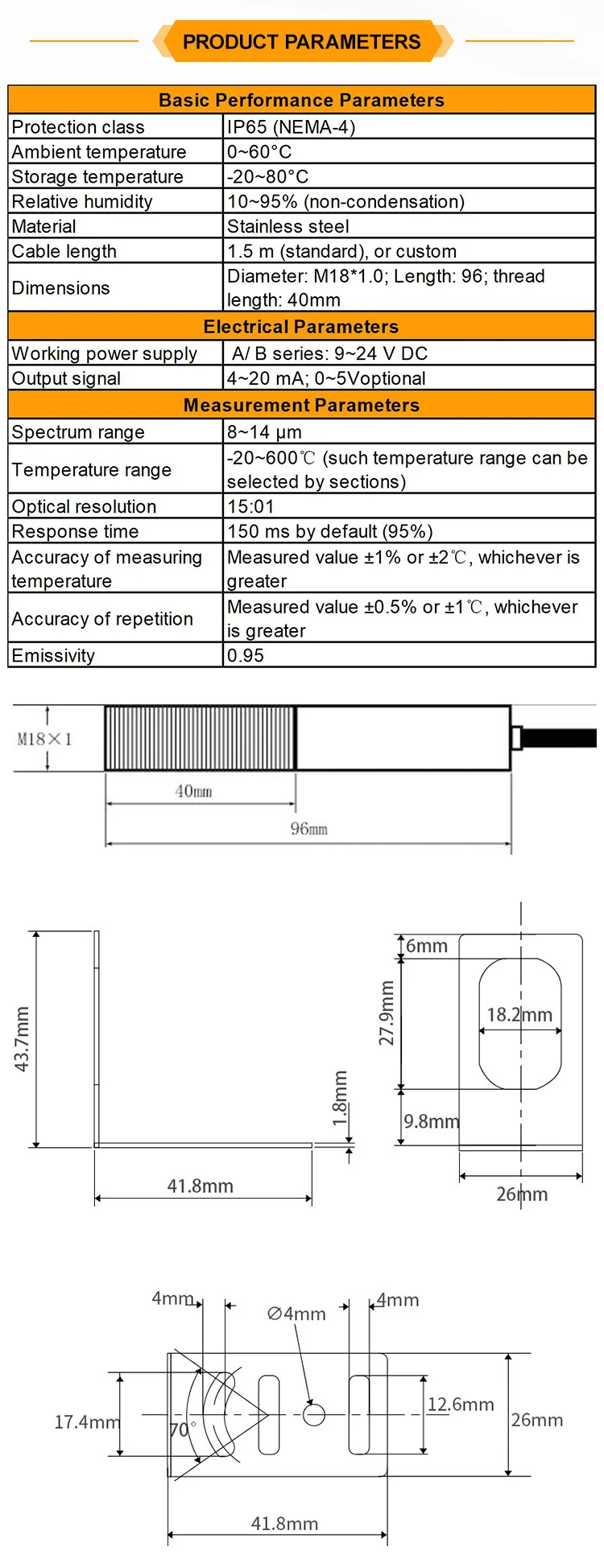 KASINTON JSD60A 0~600℃ 4-20mA IP65 Non Contact Infrared Temperature Sensor details