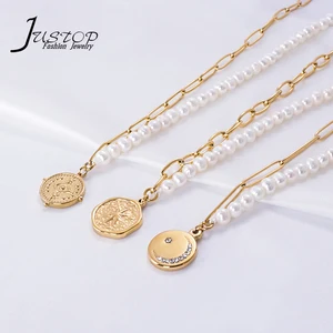 Elegant Style Custom Dainty Commemorative Coin Medallion Pendant Gold Plated Modern Natural Half Pearl Necklace