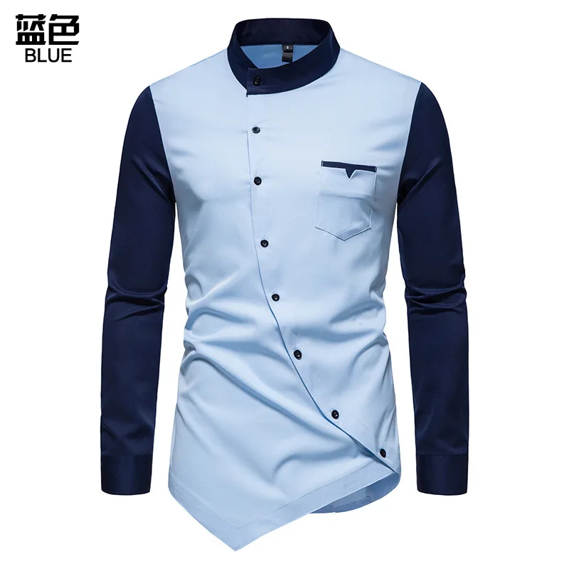 Youth Diagonal Button Irregular Color Contrast Henley Collar Long-sleeved Casual Shirt Large Size Casual Men's Shirts