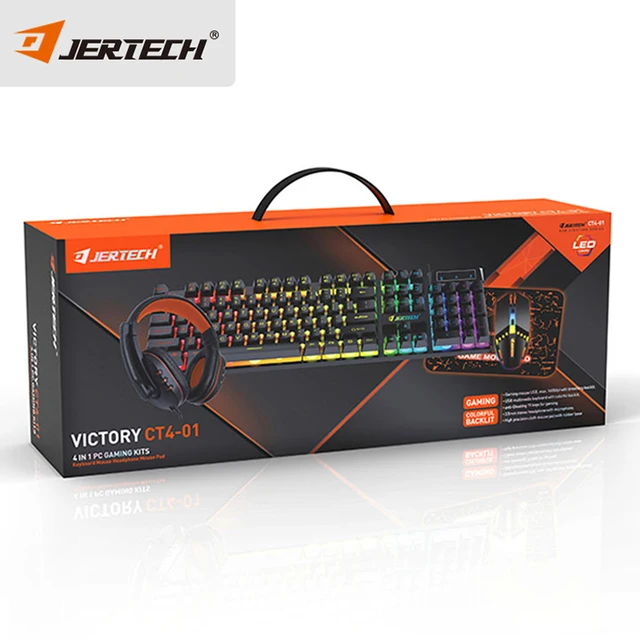 CT4-01 Gamers Combo Set Rainbow backlit Wired Gaming four-piece 4 in 1 Keyboard Mouse Headset Mouse Pad Combos for computer