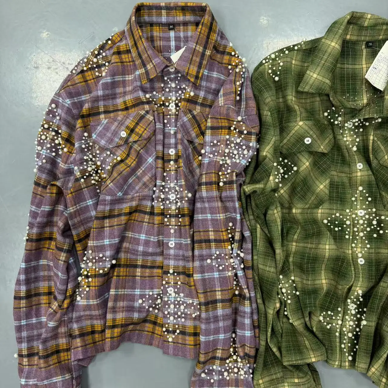 Custom Streetwear Rhinestone Plaid Designer Flannel Shirts Button up Sport Boxy Graphic Plain Polo Shirt for Men gallery 2