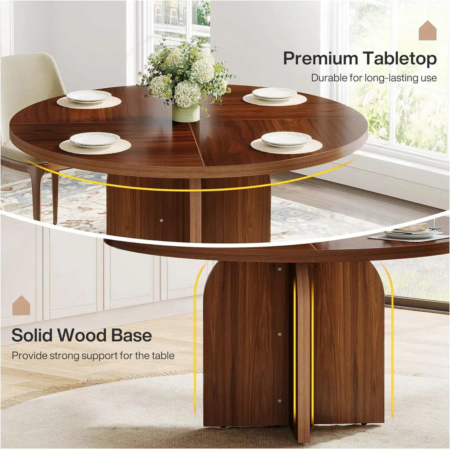 Tribesigns Tavolo Da Pranzo Rotondo 120 Cm Per 4-6 Persone - Moderno Con Base In Metallo, Marrone, Per Cucina E Soggiorno