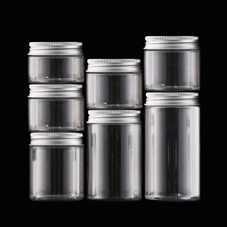 Reusable Clear Plastic Round Jars Wide Mouth Food Containers with Silver Metal Lids for DIY Cookies and Kitchen Supplies Storage
