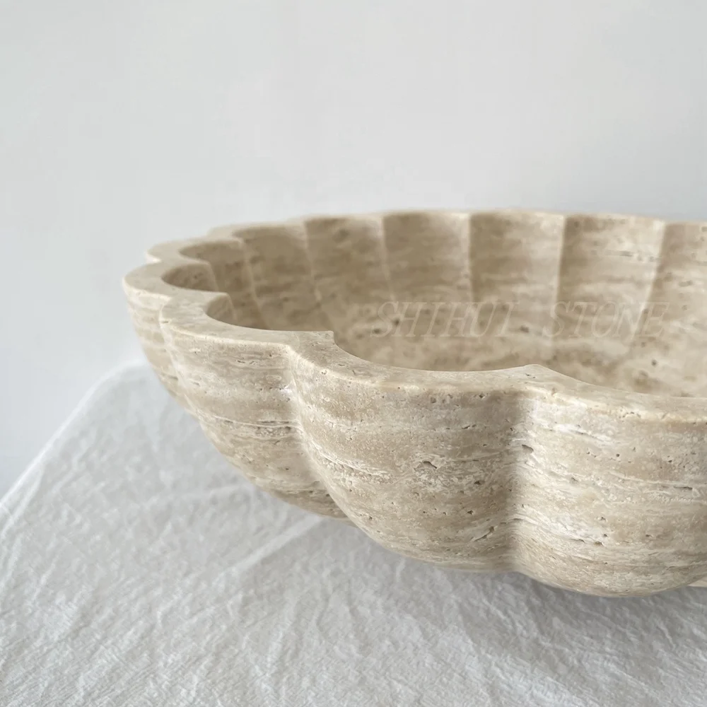 Home Accessaries Flower Design Natural Travertine Stone Fruit Bowl Travertine Bowl Travertine Tray