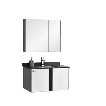 Waterproof Solid Wood Vanity Furniture Modern Wood Bathroom Marble Mirrored Cabinet