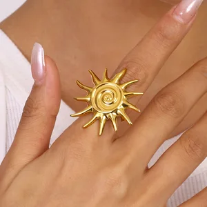 MW Women's Fashionable 18K Gold-Plated Stainless Steel Threaded Sunflower Open Ring, Waterproof and Adjustable Jewelry