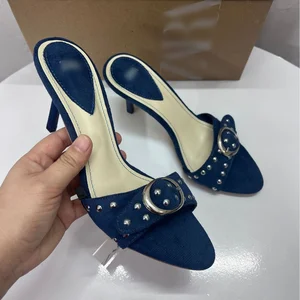 QuiteS Dark Blue Riveted Buckle Sandal Office Heels Fashion Stiletto Party Pumps Pointed Slippers Elegant Classic High Heels