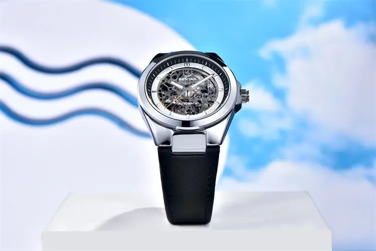 Часы Benyar 5207M, роскошные мужские часы с механизмом, горячая распродажа, ремешок из натуральной кожи, водонепроницаемые, автоматические, полые, деловые часы