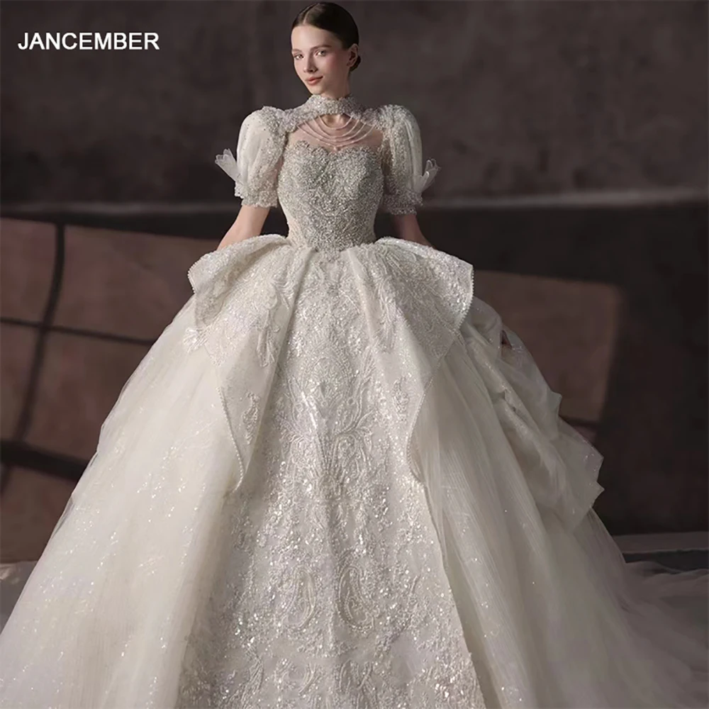 Ivory Beaded Lace Plus Size LSHT050 Wedding Dress Modern Princess Ball Gown  with Floral Crystal Decorations Appliques Prom Gown
