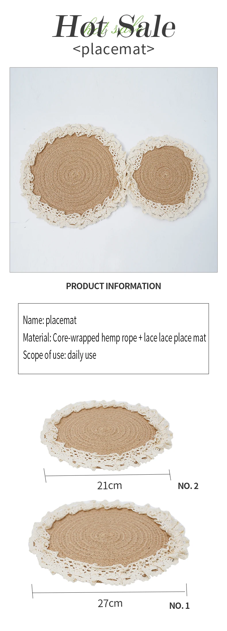 Ecofriendly Woven Natural Round Jute Placemat Heat Resistant Tablemats With Lace For Dining