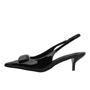 Za2026 Women's Spring New Heeled Sandals Black PU Pointed Toe Slingback Mules Square Buckle Cat Heel Shallow Mouth