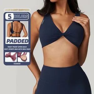 YISHENHON High Quality New Design Printed Woman Black Cropped Push up Front Twist Front Open Back Summer High Impact Sports Bra