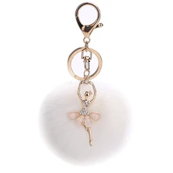 Брелок для ключей с помпоном из искусственного меха, плюшевый шарик с блестящими стразами, подвеска в виде танцовщицы балета, шарм, сумка, ювелирный брелок