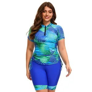 2026 European American Cross-border Women's High Waist Short-sleeved Conservative Large Size Printed Drawstring 2-Piece Bikini