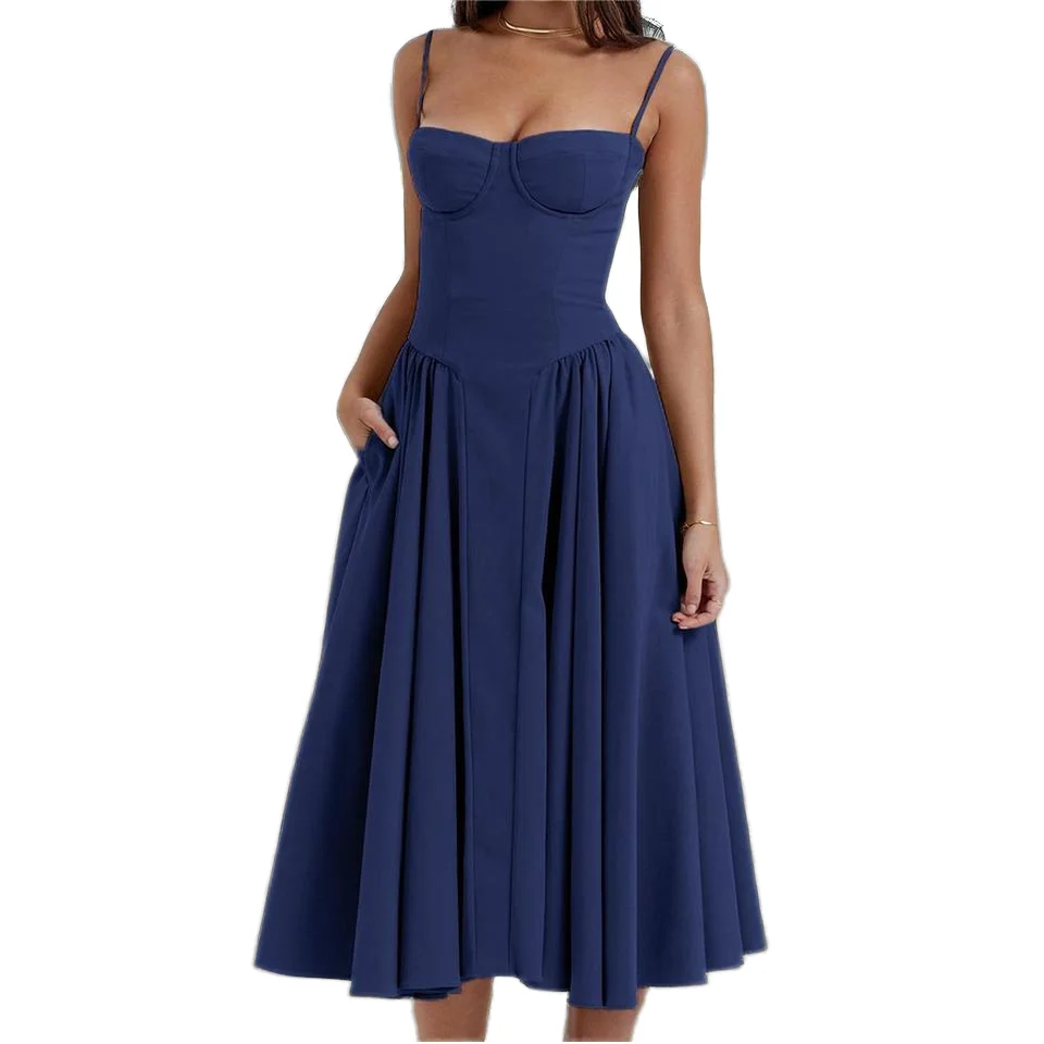 High Quality European Style Daily Commuter Dress Girls Solid Color  Slim Sexy Patchwork Woven Cloth Decorative Patterns