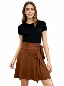 Women's Summer Knitted Soft Stretch High Quality Elegant A-Line  Stylish Wrap Midi Skirt with Self - Tie Belt & Flared Hem