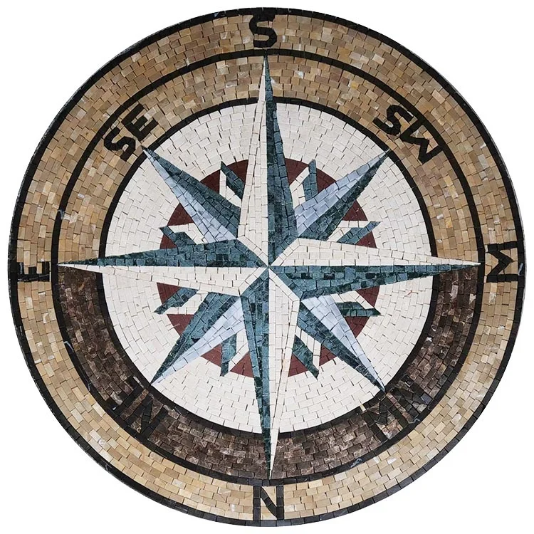 Nature Colors Marble Stone Handmade Compass Mosaic Medallion  Mesh Backing