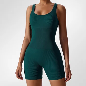 One Piece Jumpsuit Stretchy Compression Ribbed Sling Yoga Bodysuit Women's Sleeveless Sports Shapewear Seamless Bodysuit