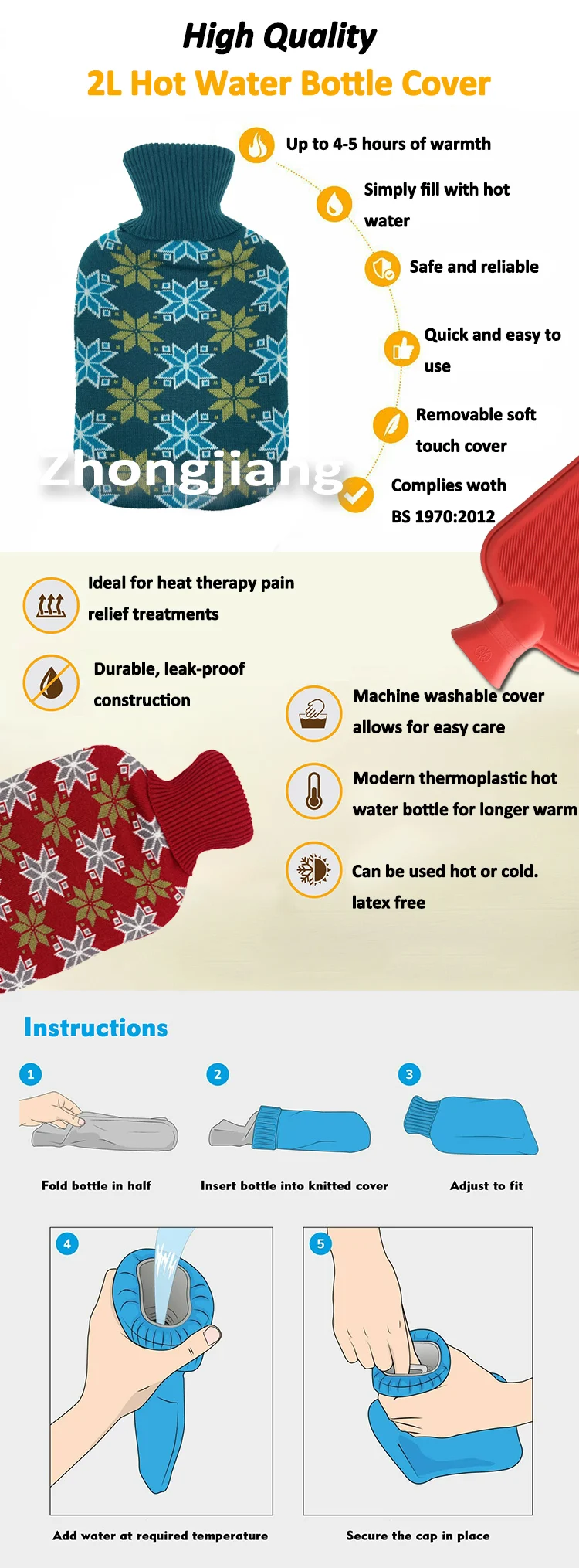 15years manufacture soft warm hand warmer knitted cover for rubber pvc 1000ml 2000ml hot water bag china hot-water bottle