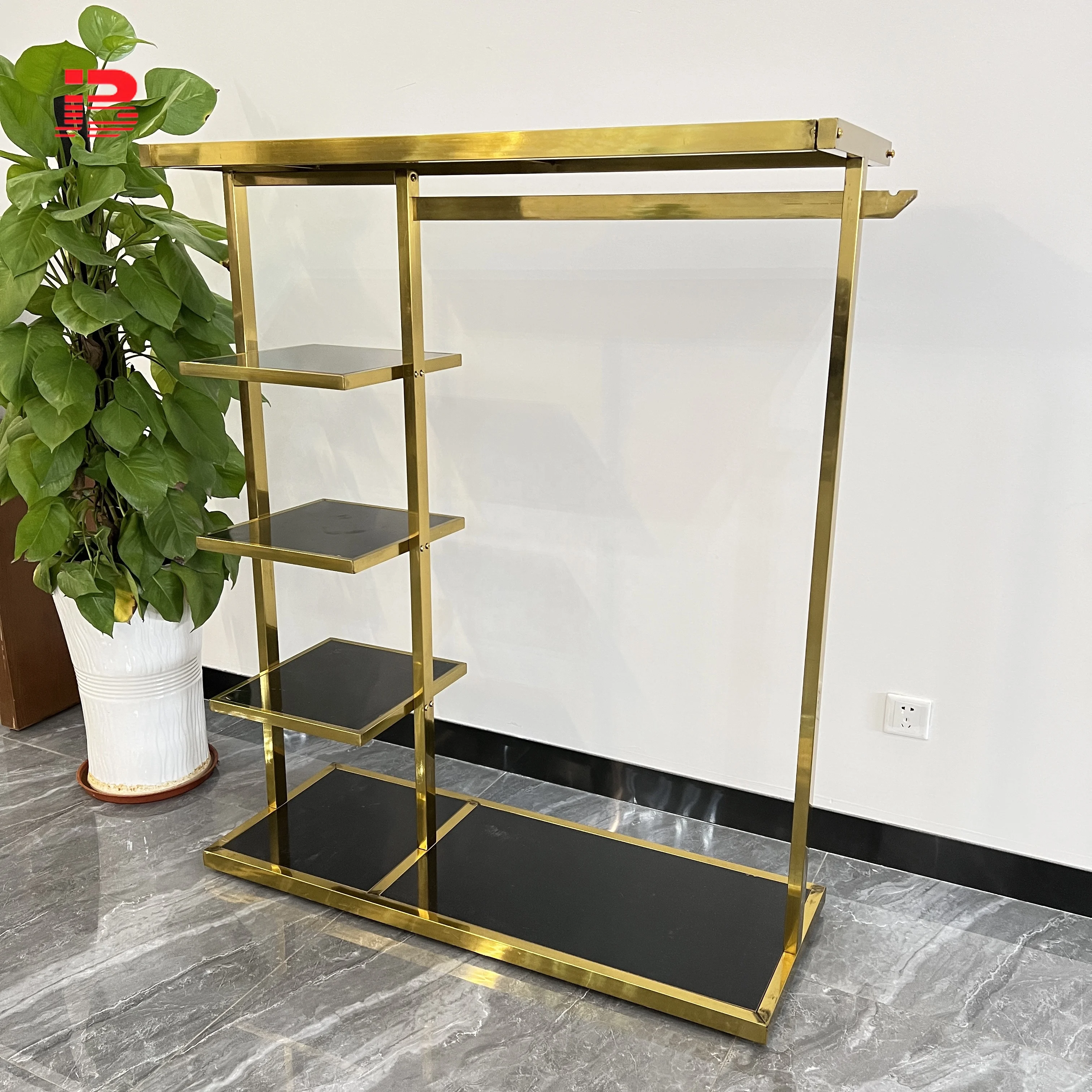 Garment Shelf Cloth Display Stands Stainless Steel Gold Metal Clothing Rack For Store