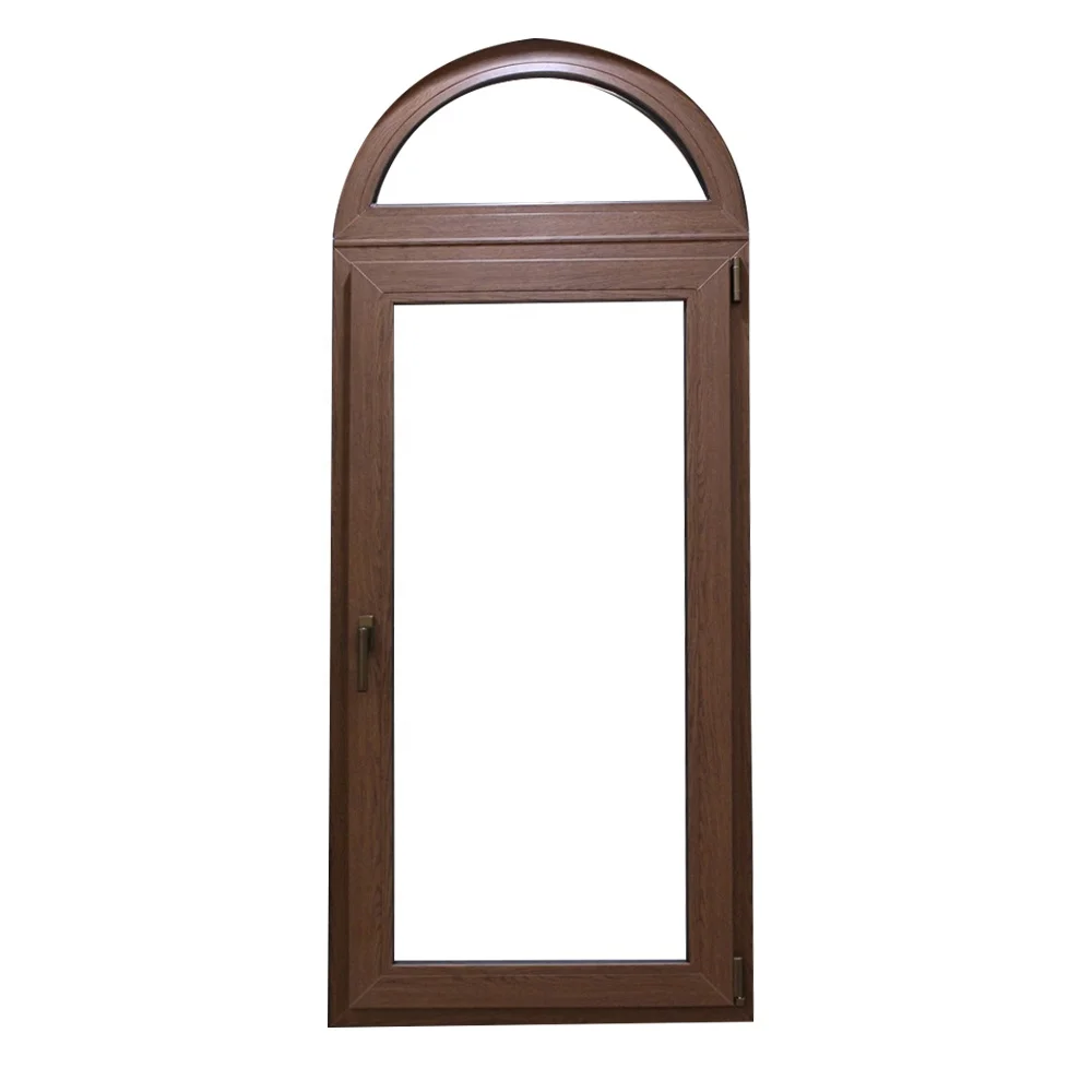 Custom Wood grain UPVC profile window triple glazed  PVC casement windows arch fixed window supplier