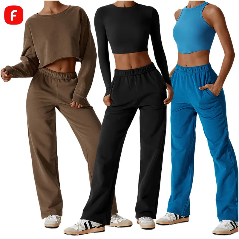 FANCO Wholesale Custom Cotton Jogger Wear Two Piece Outfit Crop Top Crew Neck Sweatshirt and Sweatpants Set Women