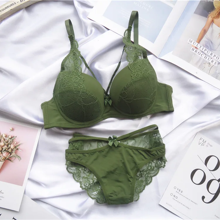BCDE Cup Bra Sets Lace Women Underwear Female Push Up Lingerie,Army  Green,75b : : Fashion