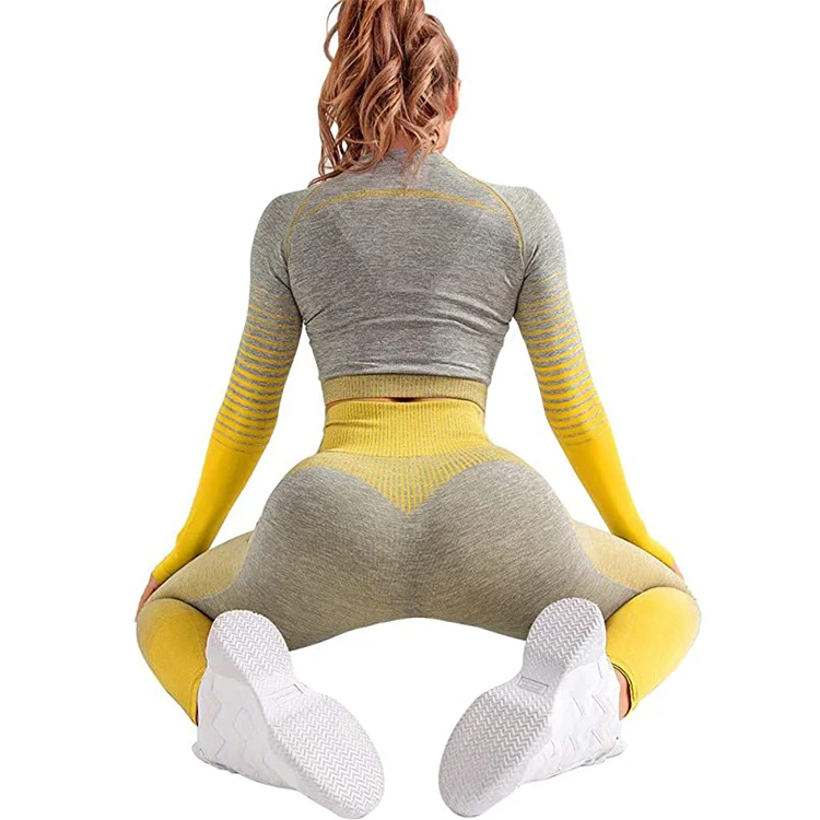 Workout Set 2 Piece Tracksuit Body Building Seamless High Waist Leggings and Long Sleeve Crop Top Yoga Activewear Set