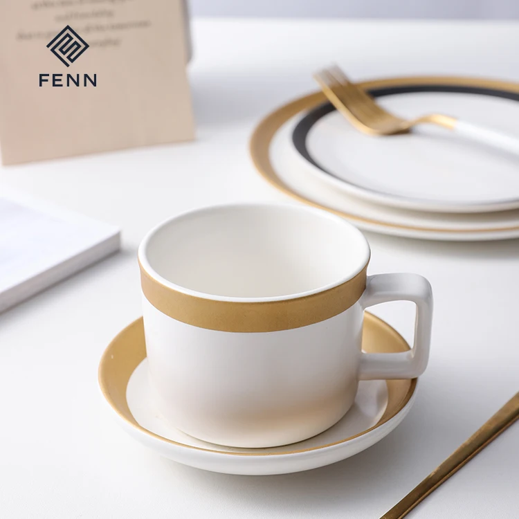 product fenn wholesale high quality luxury matte white ceramic coffee cup and saucer with gold edge customizable for coffee shop-62