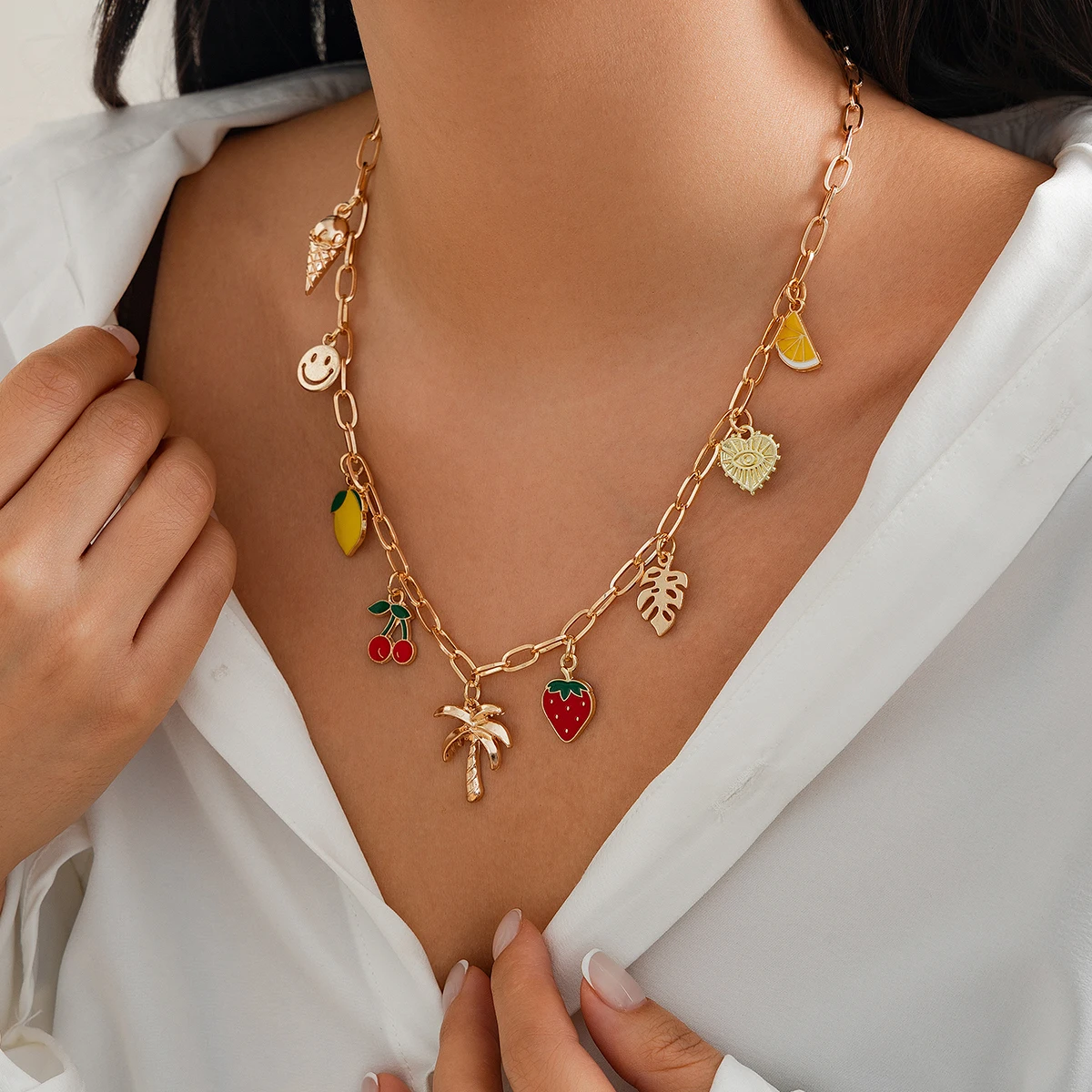 Bohemian Colorful Dripping Oil Fruit Coconut Tree Pendant Necklace for Women Creative DIY Boho Jewelry on Neck Accessories Gifts
