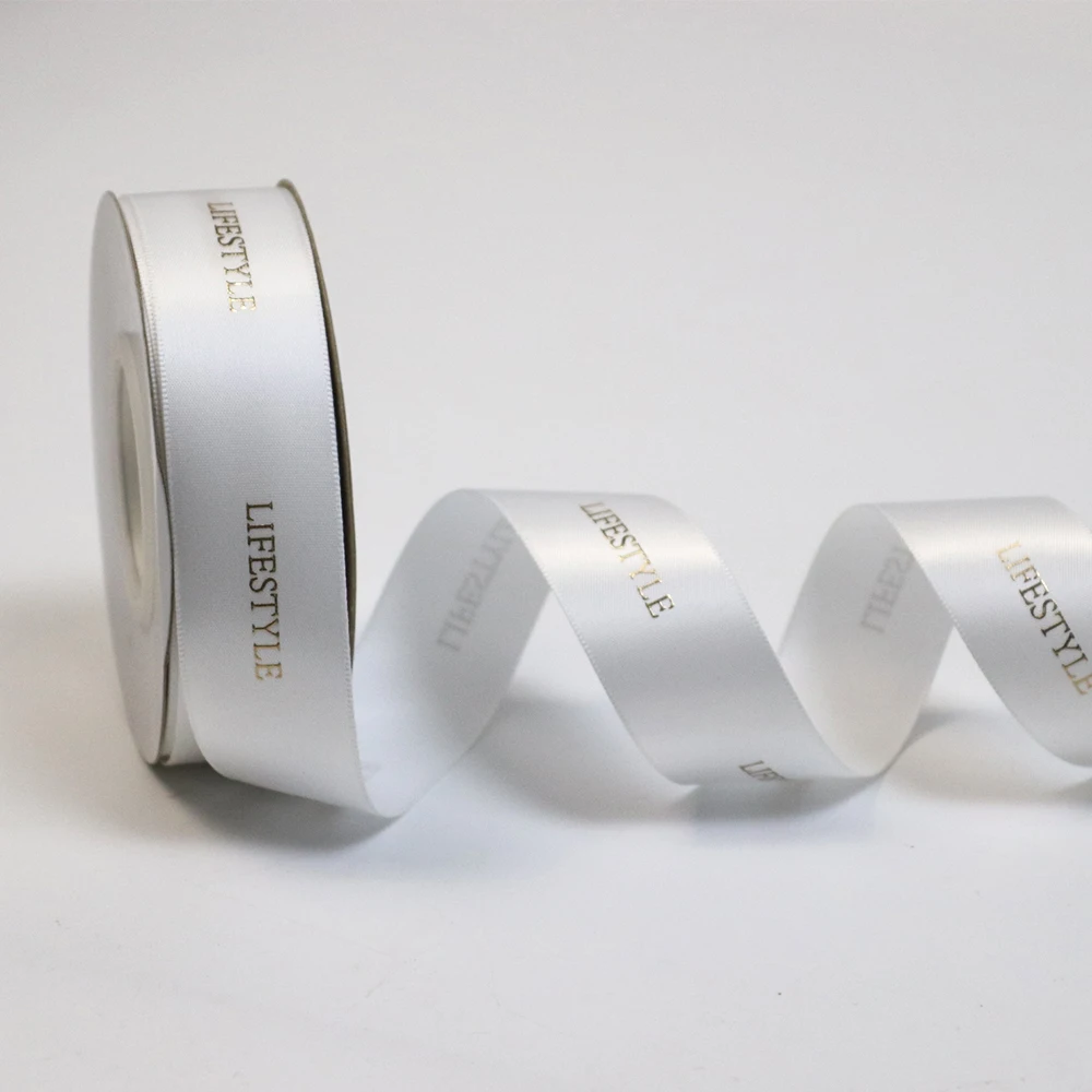 China Lude Own Brand Name Printed Raised Gold Foil Printing White Satin Ribbon with logo